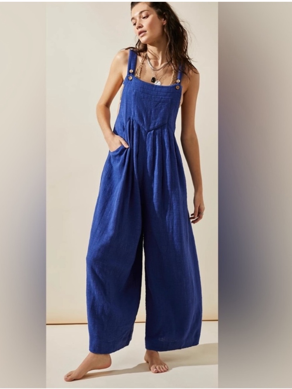 NWT Free People Sun Drenched overalls cotton true blue women’s size medium